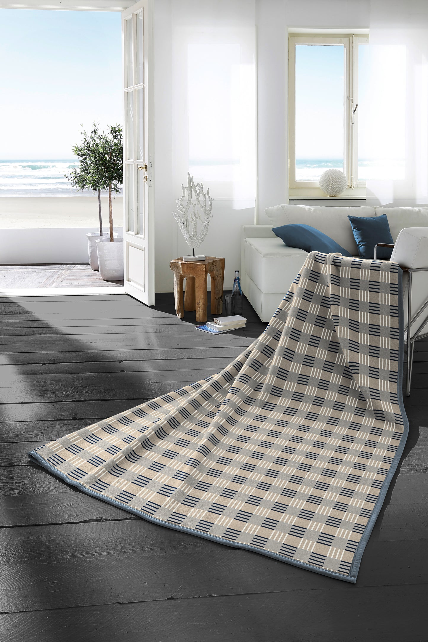 BIEDERLACK COTTON RICH BLOCK CHECK BLUE THROW