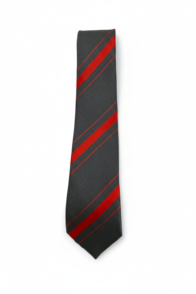 Grey tie with red stripes
