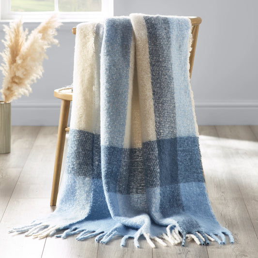 FAUX MOHAIR CHECK BLUE THROW 130X170