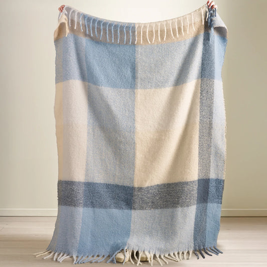 FAUX MOHAIR CHECK BLUE THROW 130X170