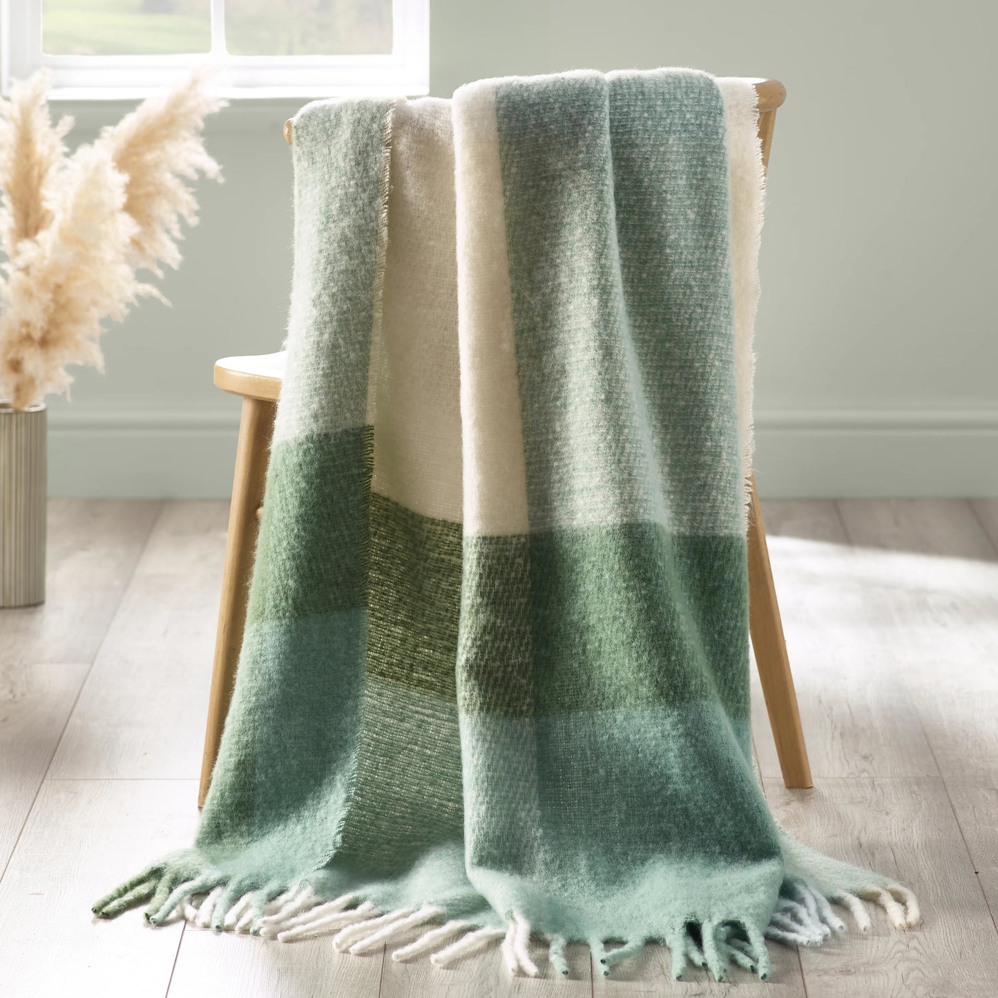 FAUX MOHAIR CHECK GREEN THROW 130X170