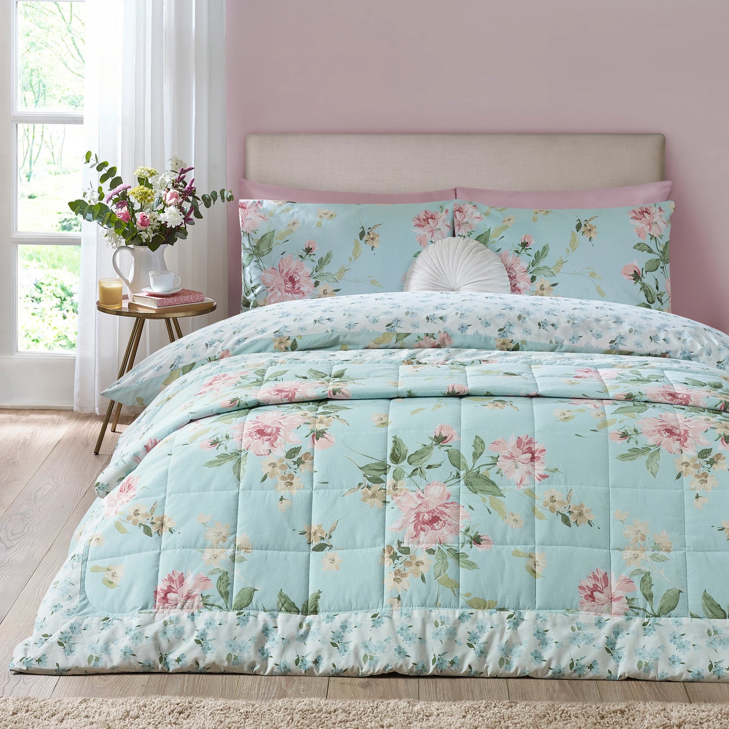 AVEBURY FLORAL DUCK EGG BEDSPREAD 220X230