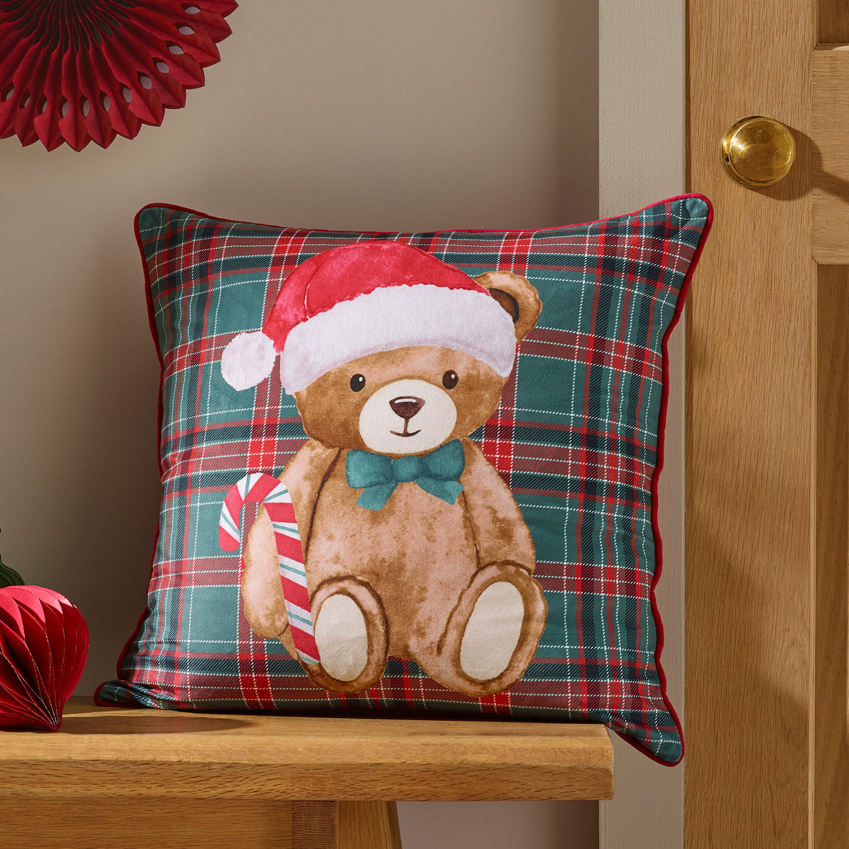 CHRISTMAS TARTAN TEDDY BEAR CUSHION