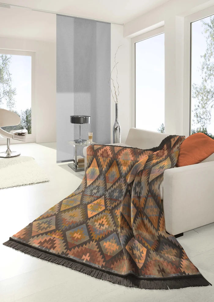 BIEDERLACK IKAT DIAMOND CHARCOAL/ORANGE 140X180