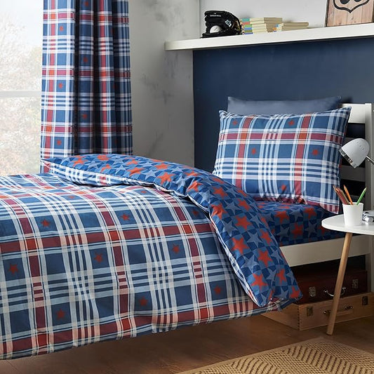 STARS AND CHECK BLUE QUILT SET