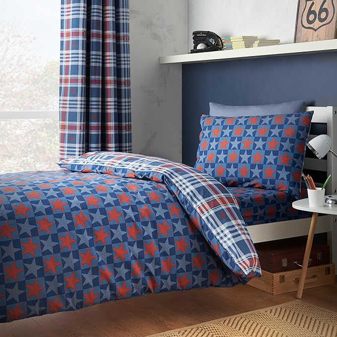STARS AND CHECK BLUE QUILT SET