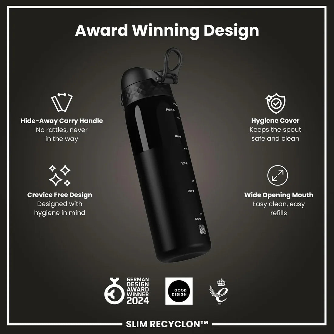 ION8 SLIM WATER BOTTLE BLACK CLEAR 500ML