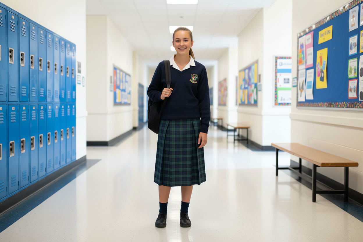 Enhanced school uniform image with Loreto Balbriggan V-neck knitwear