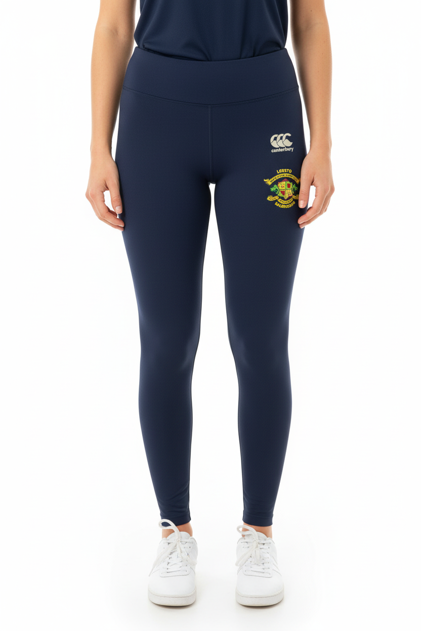 Full-length model wearing Canterbury navy leggings with Loreto crest
