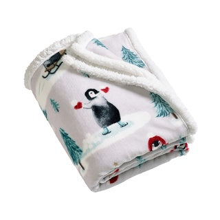 CHRISTMAS SHERPA PENGUINS THROW - NATURAL