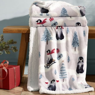 CHRISTMAS SHERPA PENGUINS THROW - NATURAL
